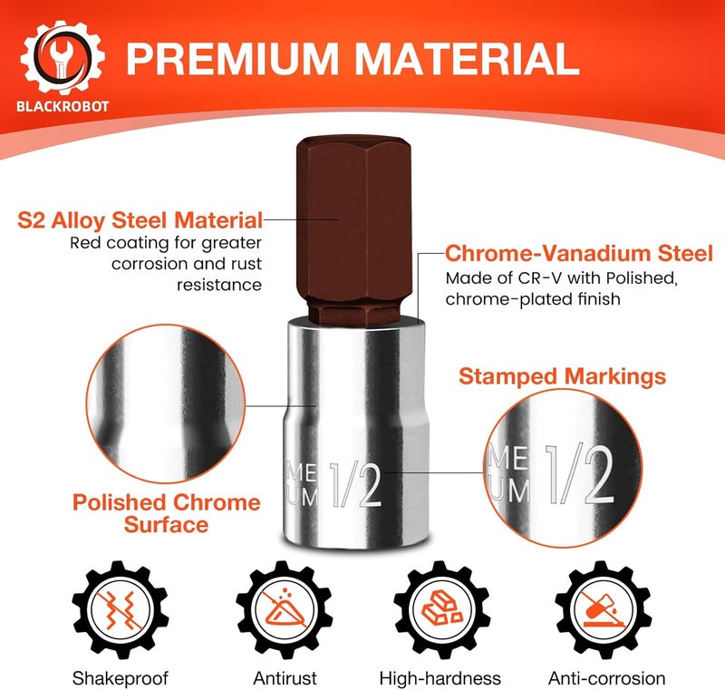 BLACKROBOT 1/2 inch Hex Bit Socket, 3/8 Inch Drive 1/2 Allen Key Socket, SAE, Full Polished, S2 Steel Head Made For Repairing - Image 2
